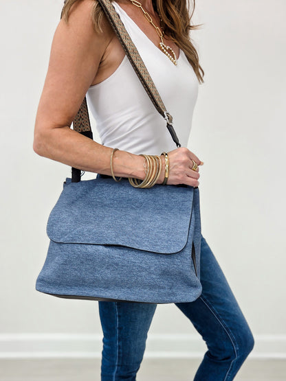 Luxurious Faux Denim Messenger Bag With Black Accents