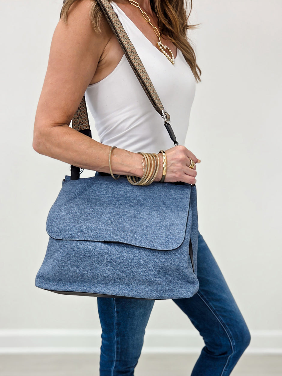 Luxurious Faux Denim Messenger Bag With Black Accents