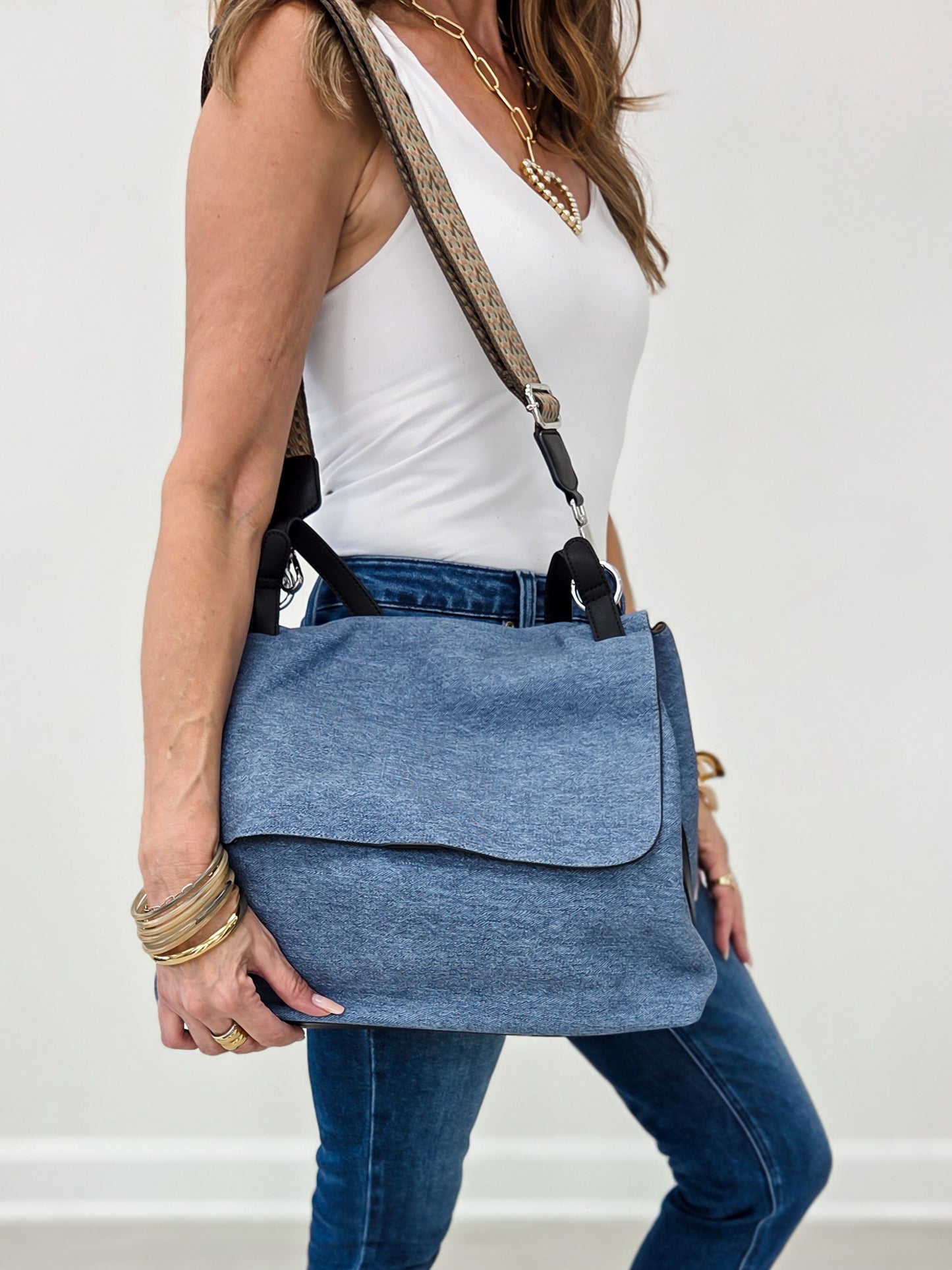 Luxurious Faux Denim Messenger Bag With Black Accents