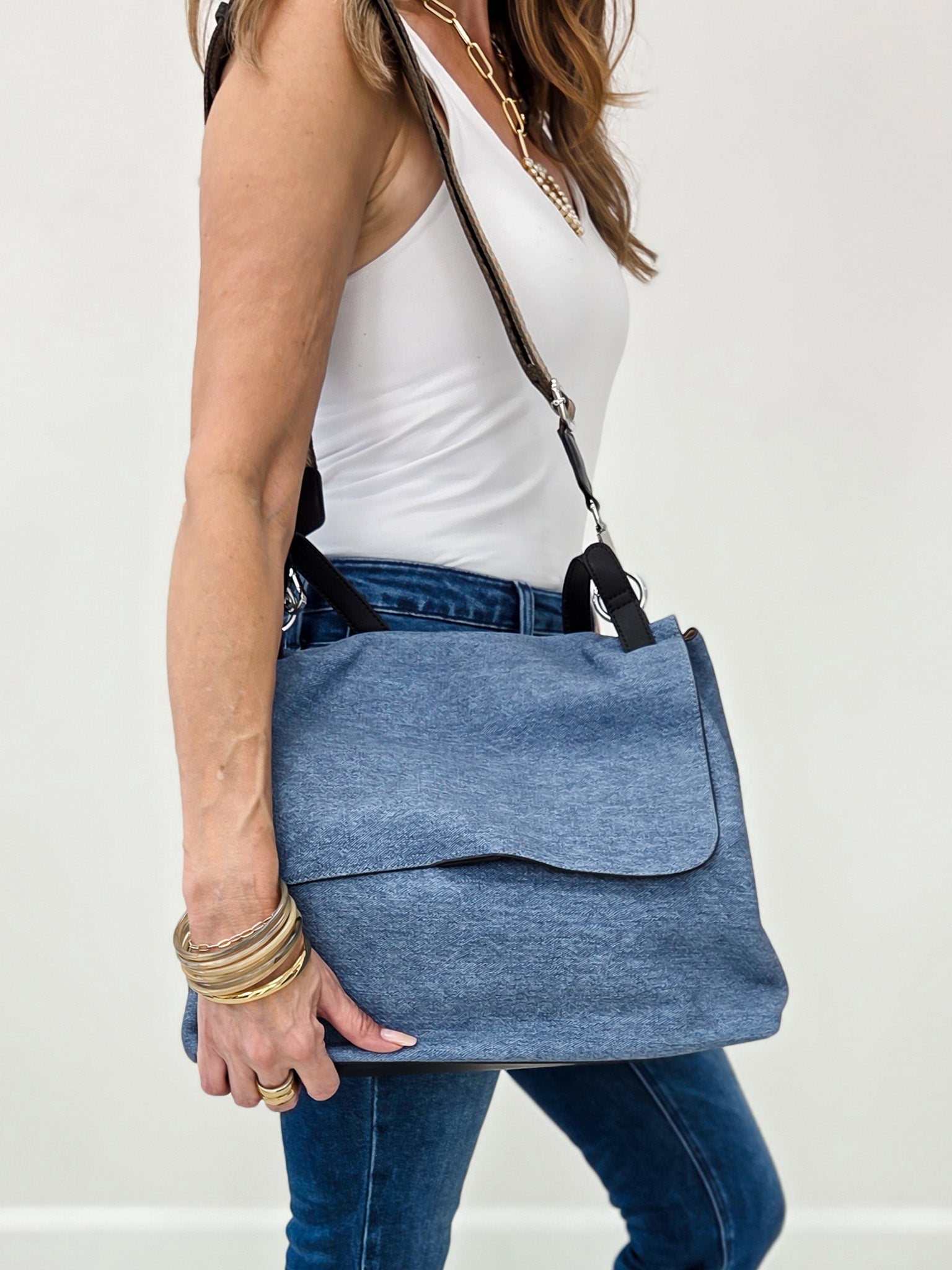 Luxurious Faux Denim Messenger Bag With Black Accents