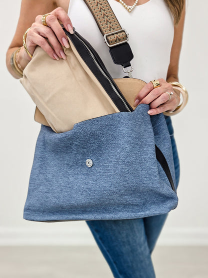 Luxurious Faux Denim Messenger Bag With Black Accents