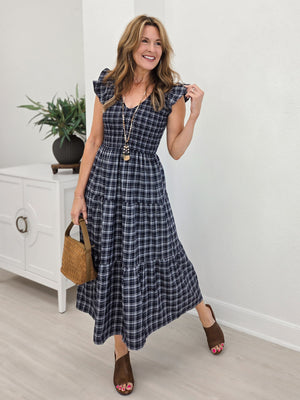 Plaid V Neck Smocked Tiered Midi Dress- Navy
