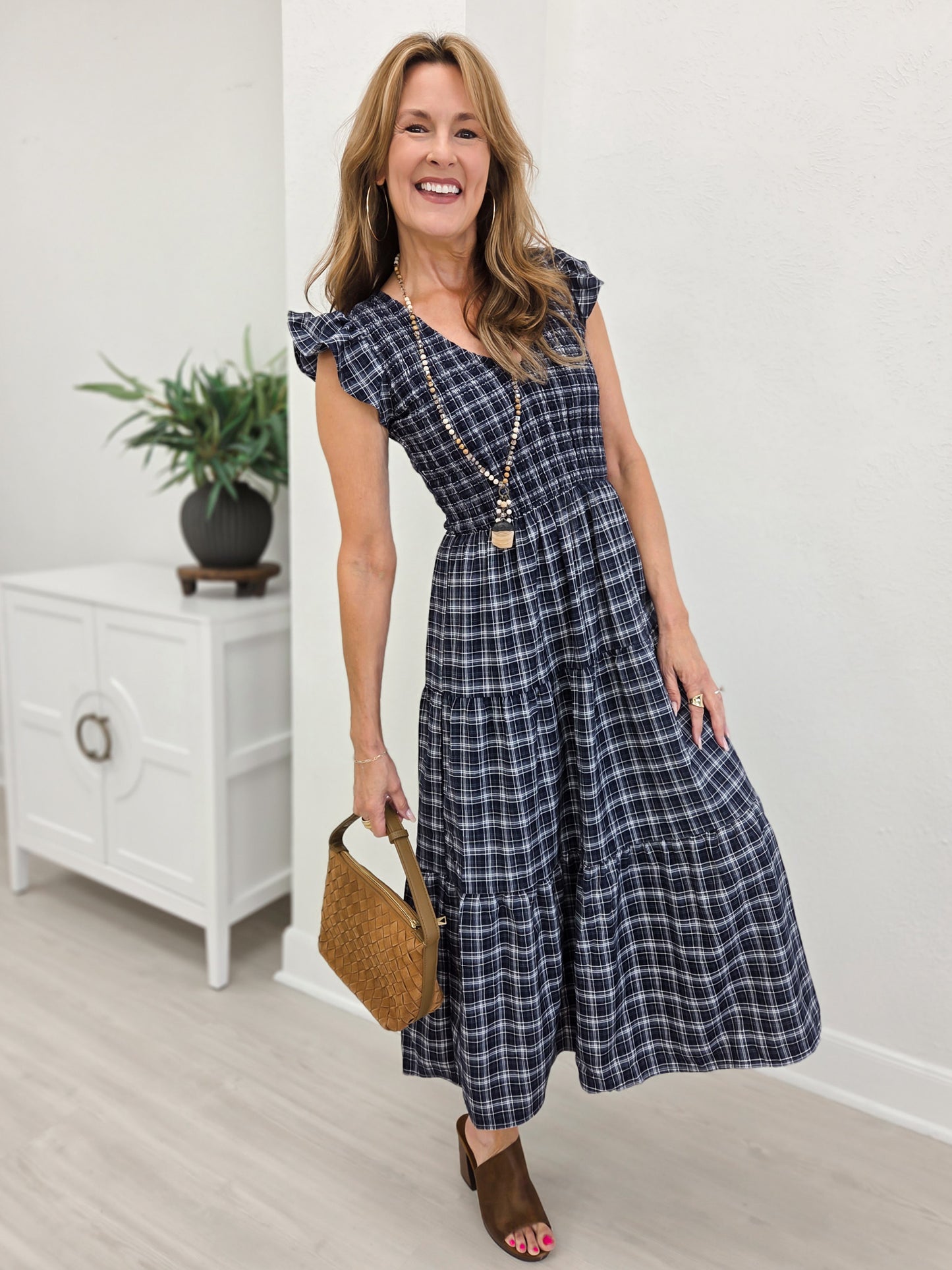 Plaid V Neck Smocked Tiered Midi Dress- Navy
