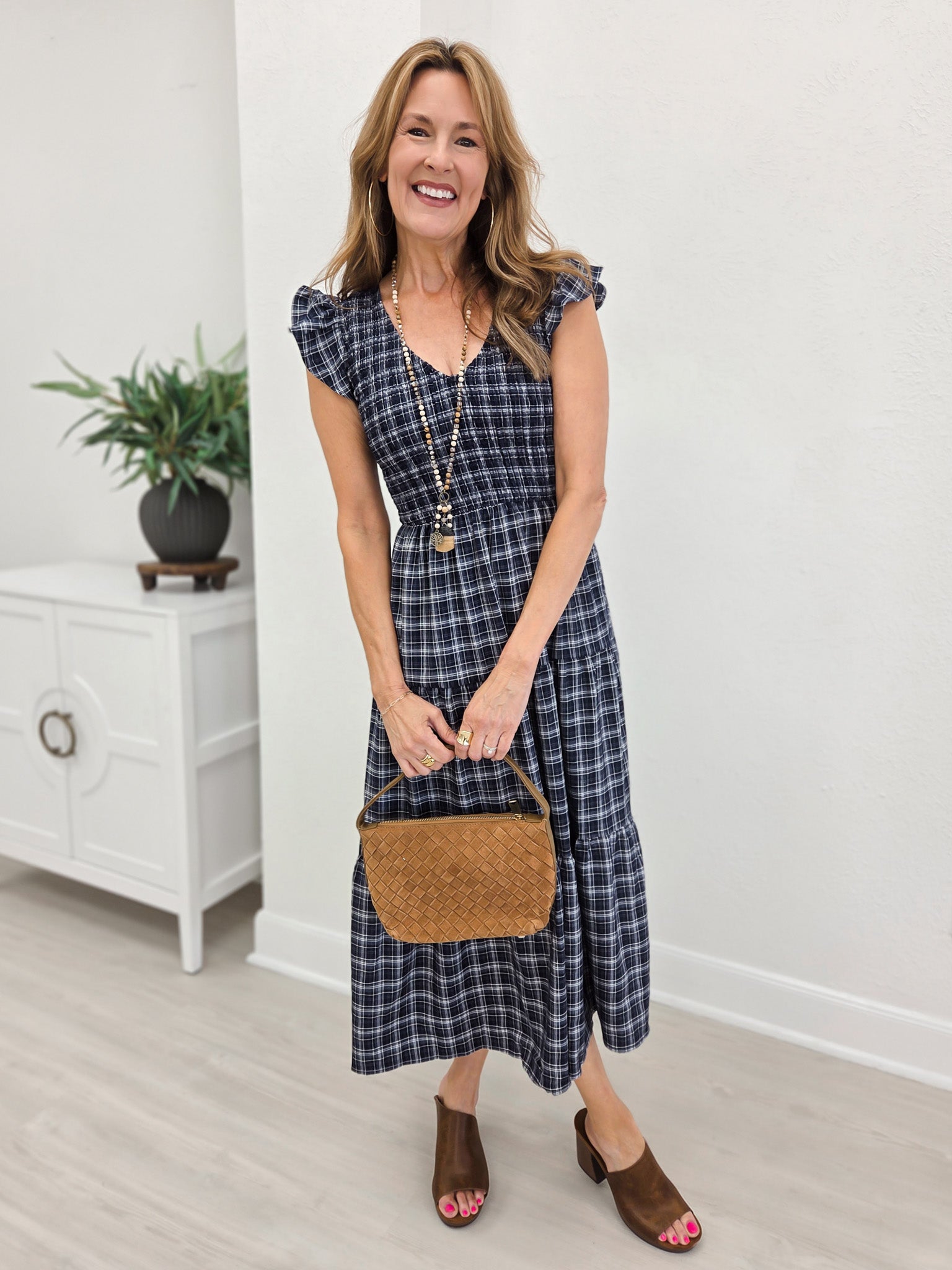 Plaid V Neck Smocked Tiered Midi Dress- Navy