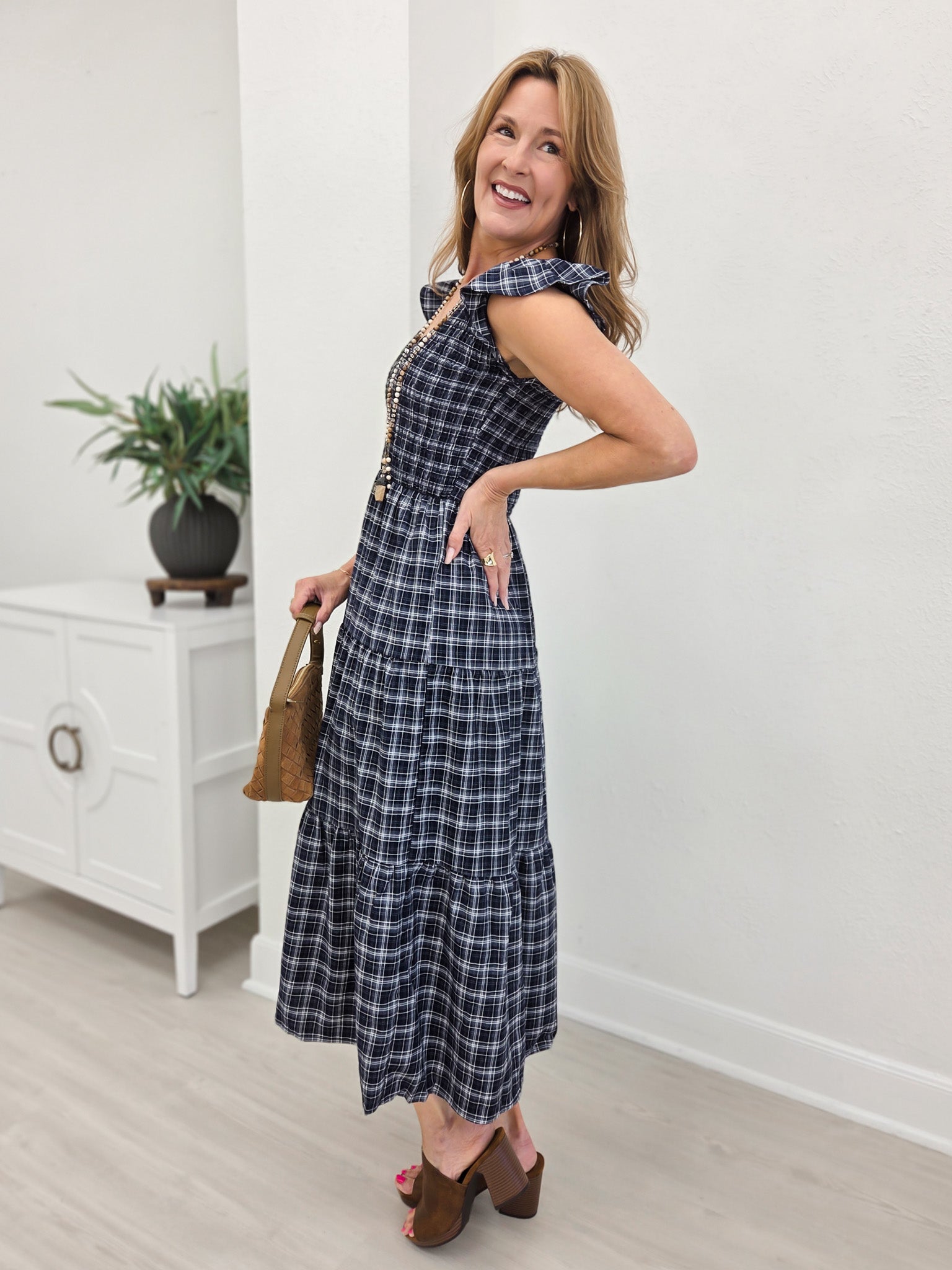 Plaid V Neck Smocked Tiered Midi Dress- Navy
