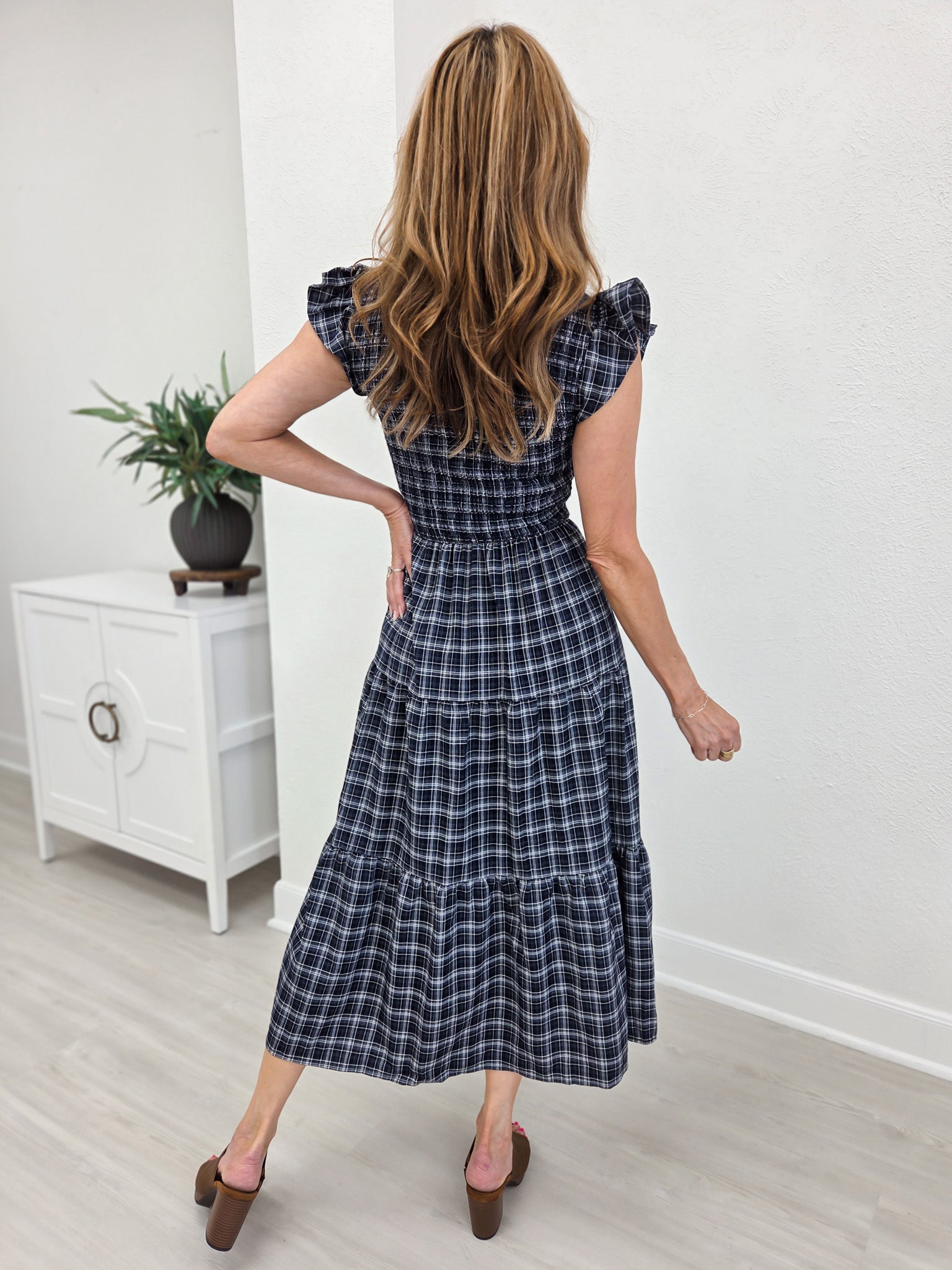Plaid V Neck Smocked Tiered Midi Dress- Navy