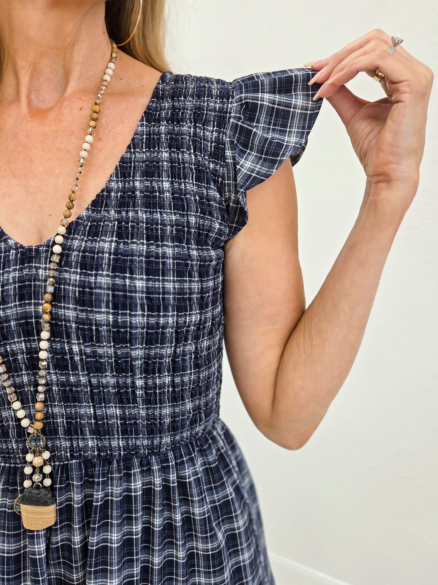 Plaid V Neck Smocked Tiered Midi Dress- Navy