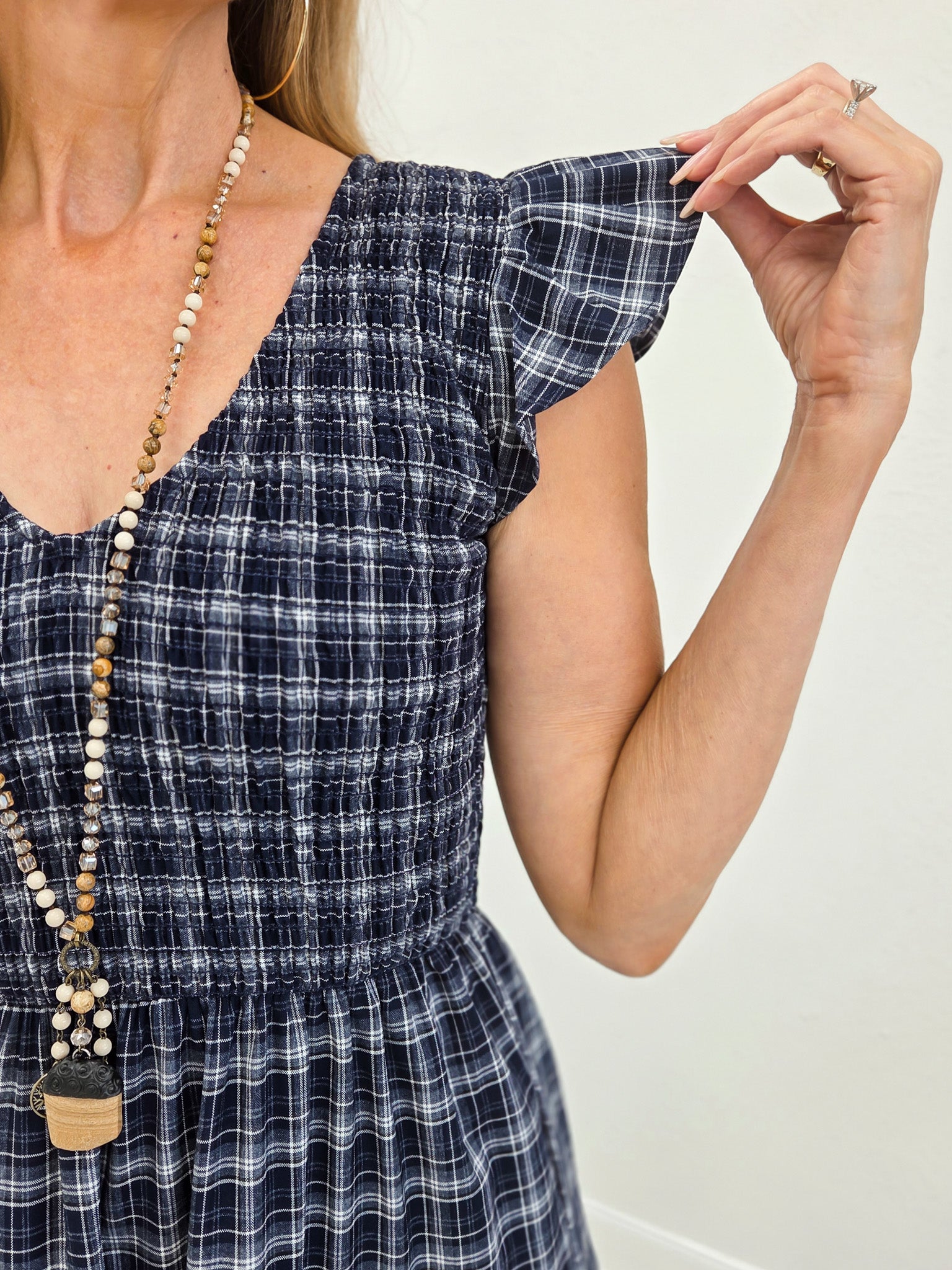 Plaid V Neck Smocked Tiered Midi Dress- Navy