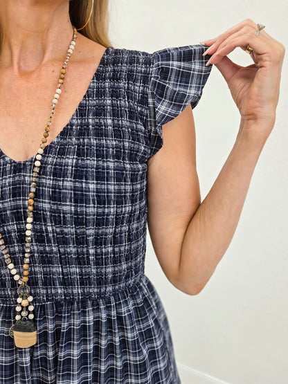 Plaid V Neck Smocked Tiered Midi Dress- Navy