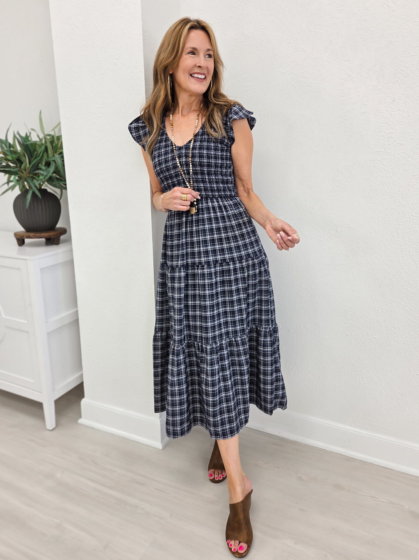 Plaid V Neck Smocked Tiered Midi Dress- Navy