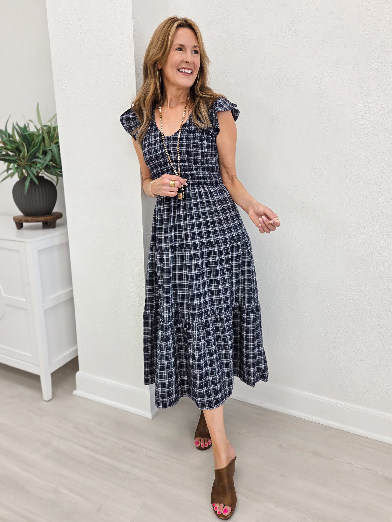 Plaid V Neck Smocked Tiered Midi Dress- Navy