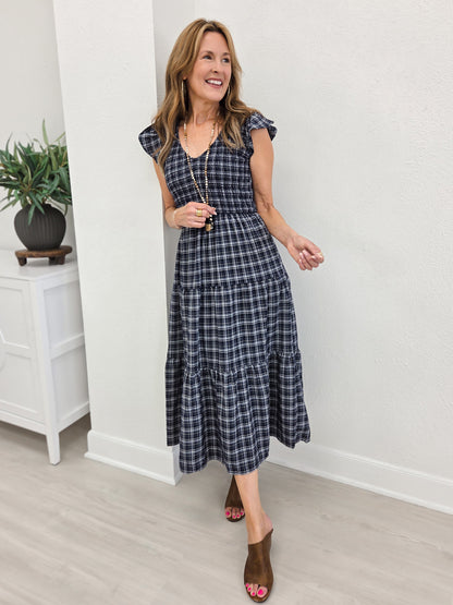 Plaid V Neck Smocked Tiered Midi Dress- Navy