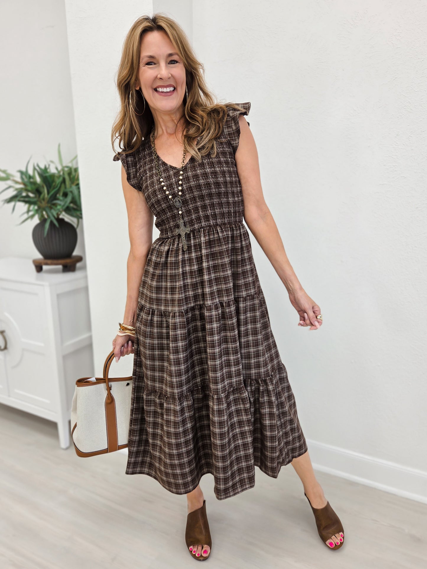 Plaid V Neck Smocked Tiered Midi Dress- Brown