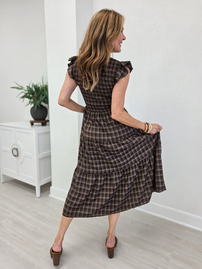 Plaid V Neck Smocked Tiered Midi Dress- Brown