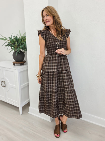 Plaid V Neck Smocked Tiered Midi Dress- Brown