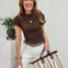 Smocked Ruffled Sheer Trim Short Sleeve Top- Chocolate