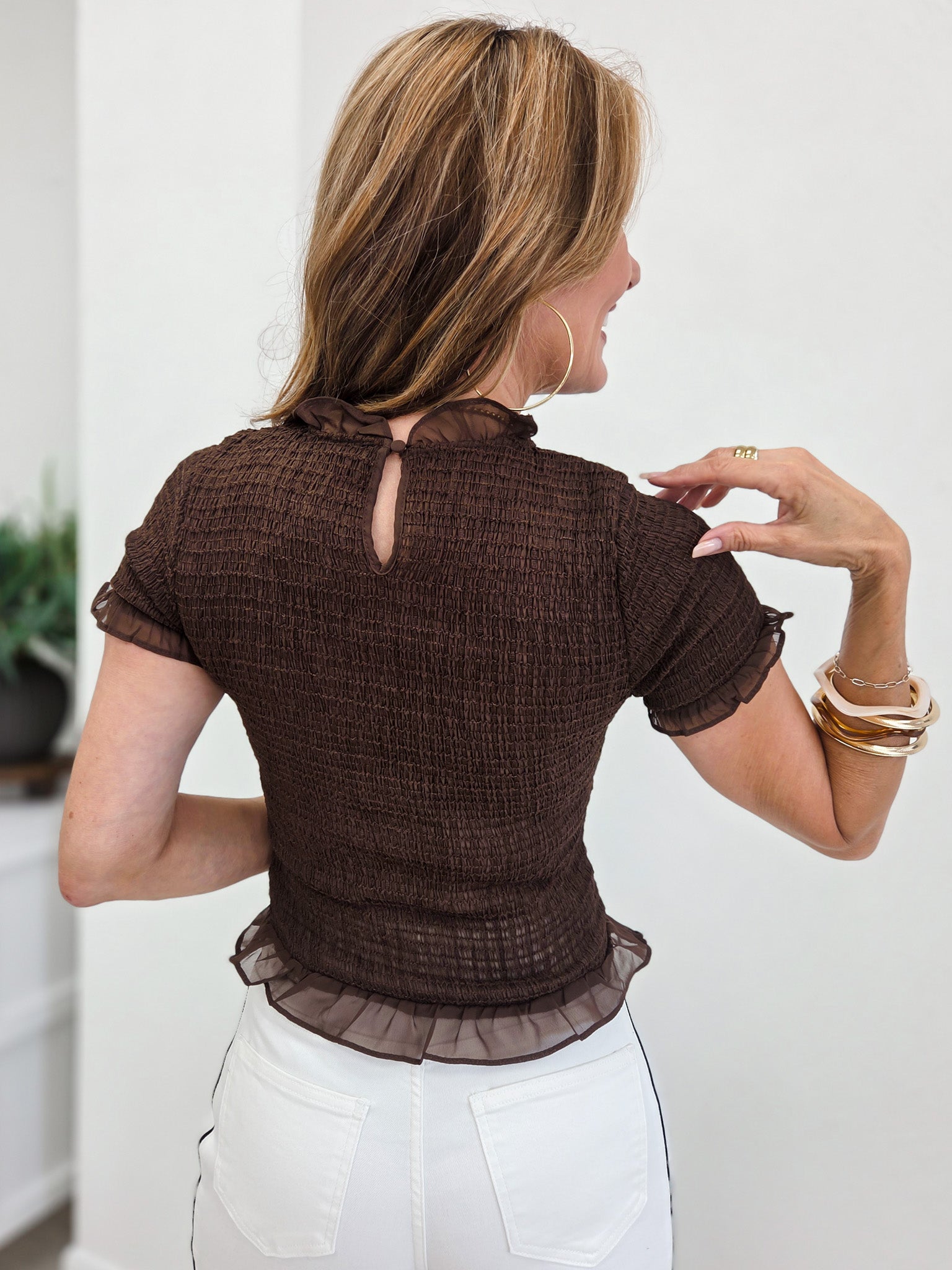 Smocked Ruffled Sheer Trim Short Sleeve Top- Chocolate