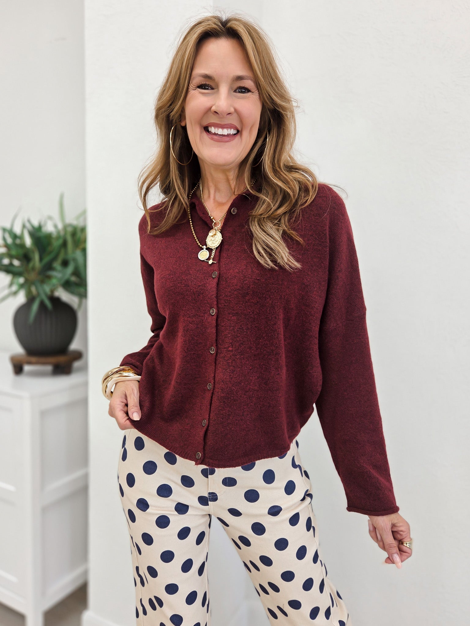 Burgundy Lightweight Button Down Knit Cardigan
