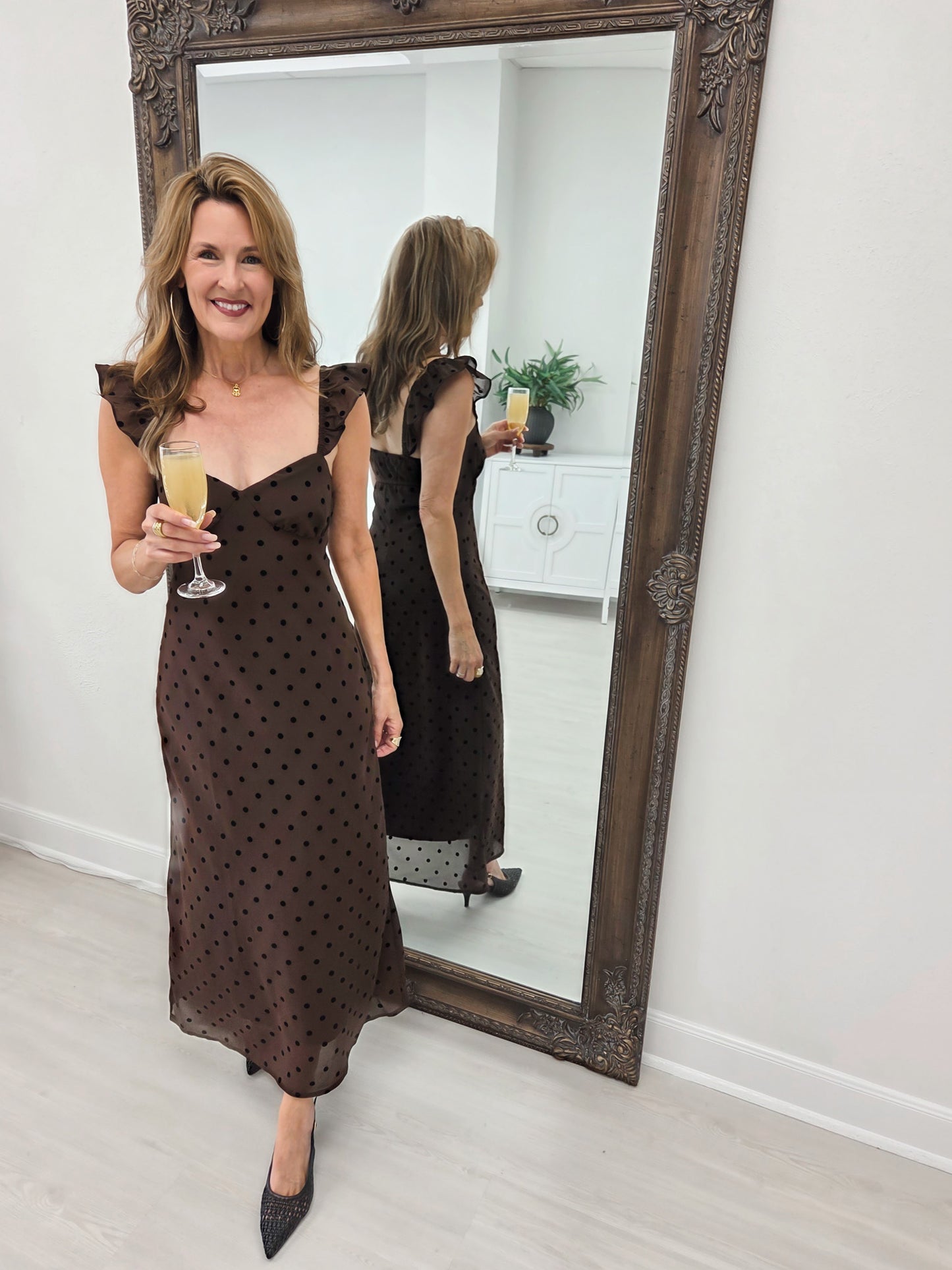 Brown Polka Dot Flock Sweetheart Midi Dress