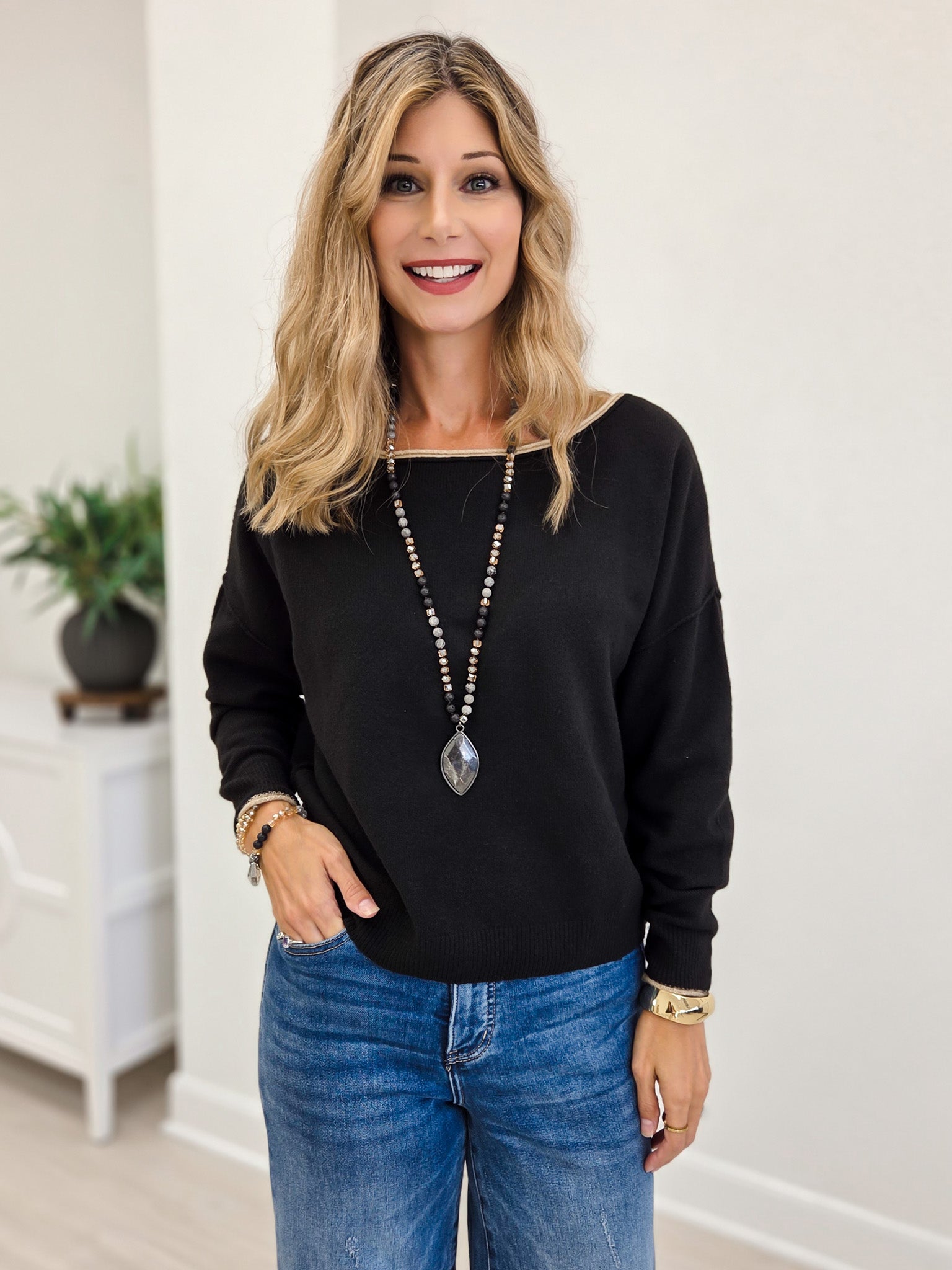 Black 3/4 Sleeve Ruffle Trim Pintuck Detail Blouse