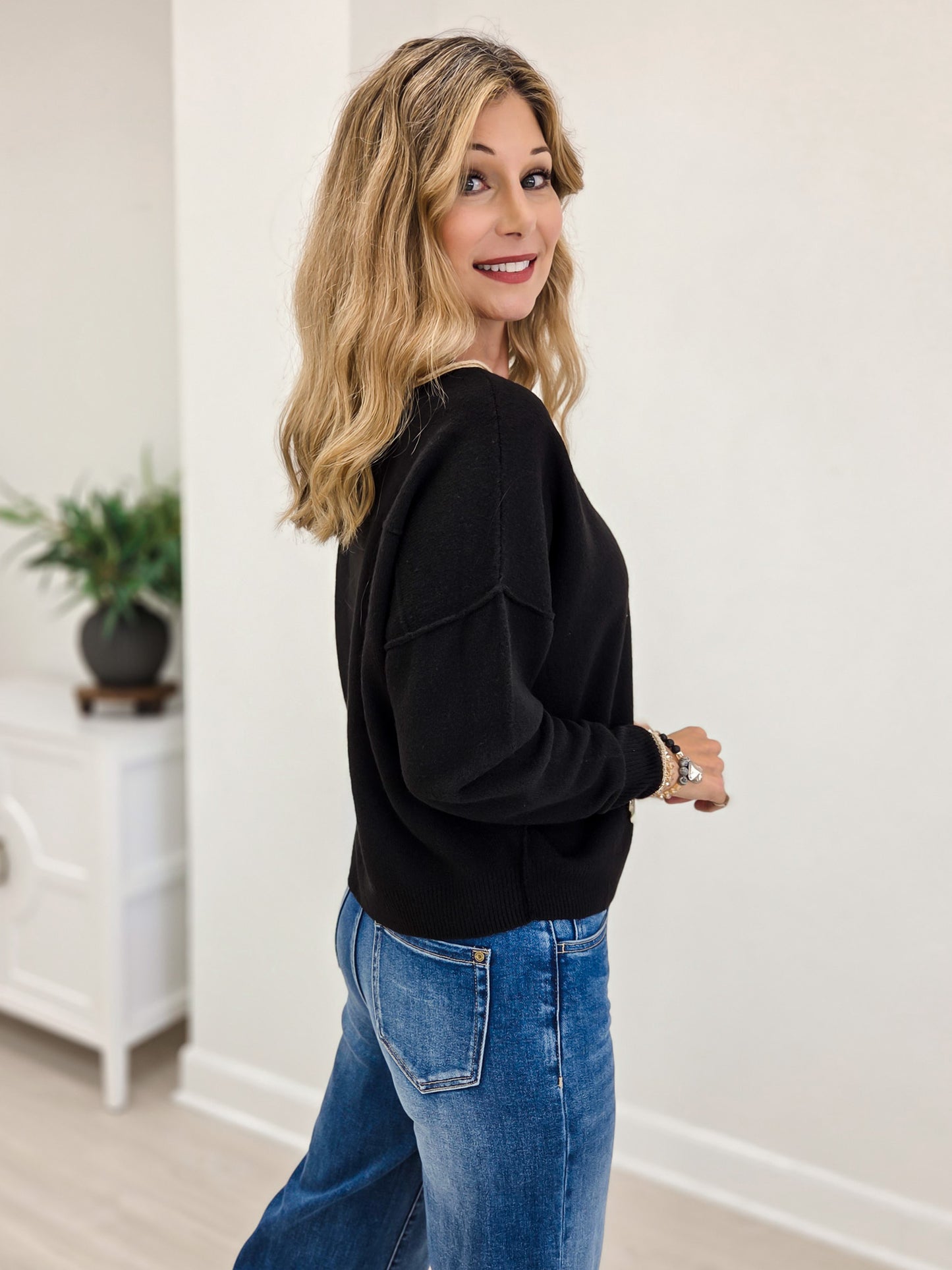 Black 3/4 Sleeve Ruffle Trim Pintuck Detail Blouse