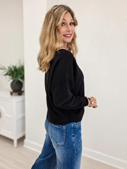 Black With Contrast Trim Neck-Off Shoulder Long Sleeve Sweater