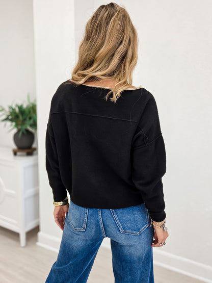 Black 3/4 Sleeve Ruffle Trim Pintuck Detail Blouse