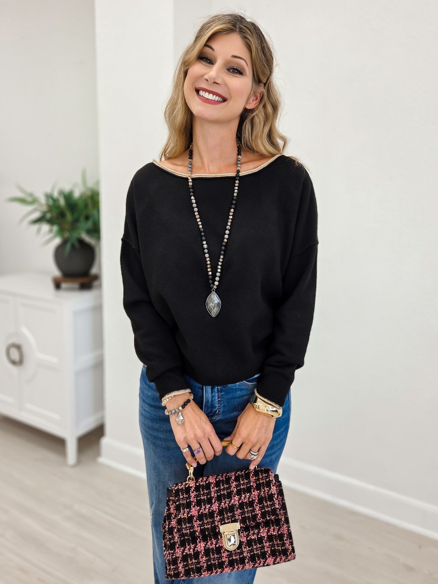 Black 3/4 Sleeve Ruffle Trim Pintuck Detail Blouse