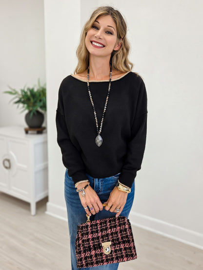 Black 3/4 Sleeve Ruffle Trim Pintuck Detail Blouse