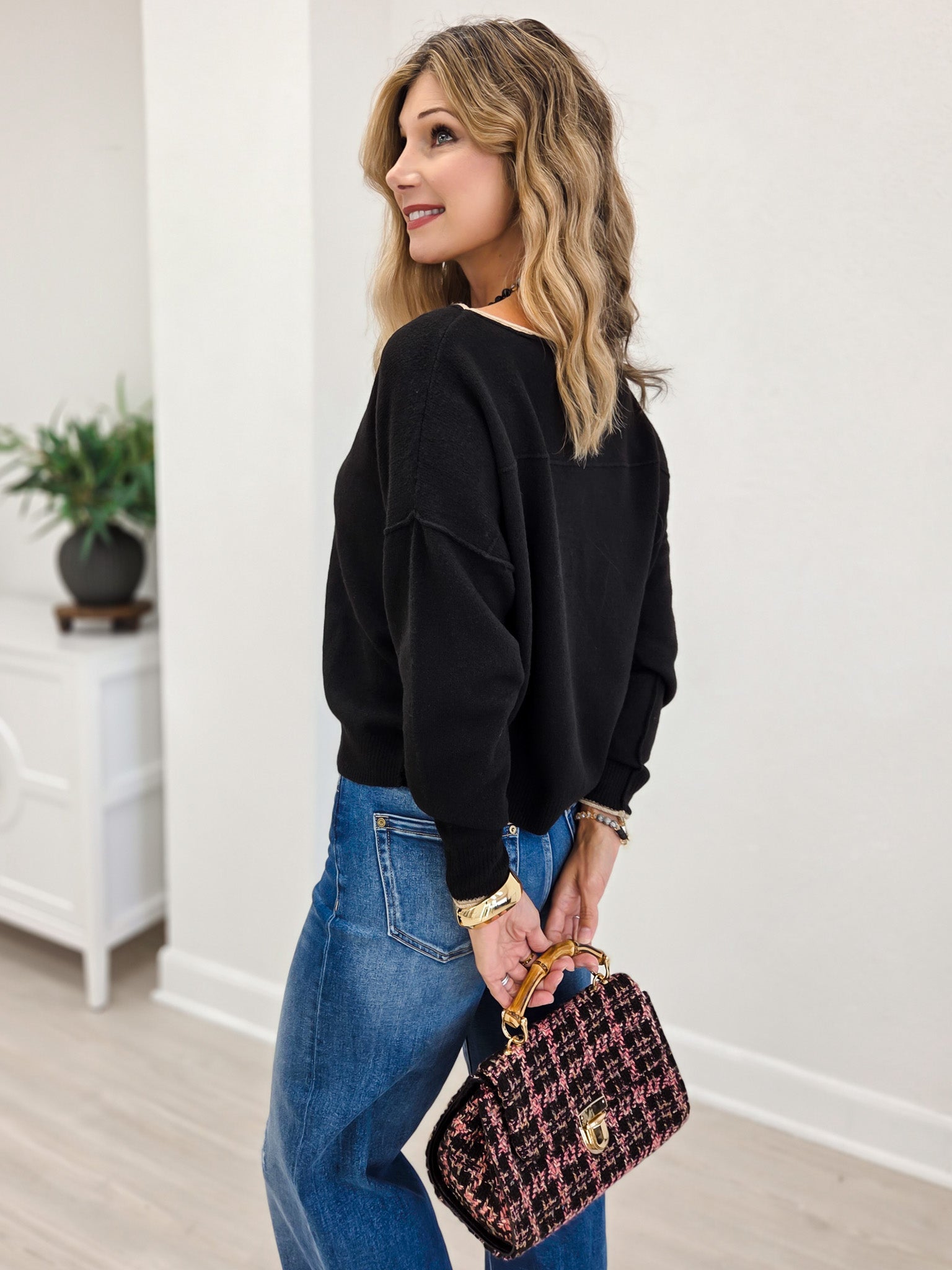 Black 3/4 Sleeve Ruffle Trim Pintuck Detail Blouse