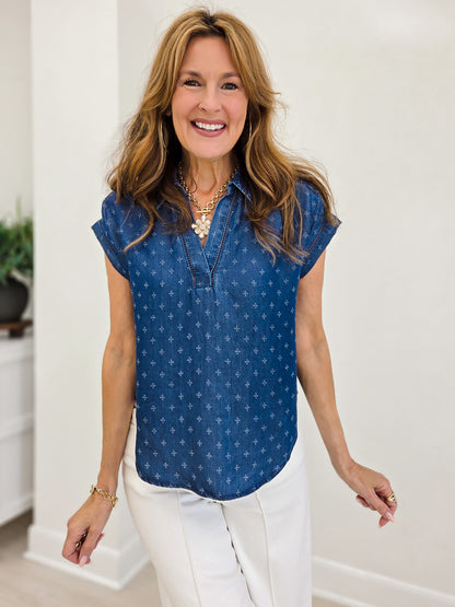 Jacquard Collared Short Sleeve Chambray Top