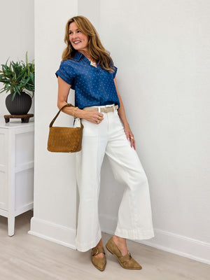 Jacquard Collared Short Sleeve Chambray Top