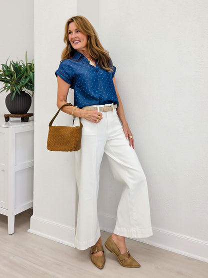 Jacquard Collared Short Sleeve Chambray Top