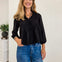 Black 3/4 Sleeve Ruffle Trim Pintuck Detail Blouse