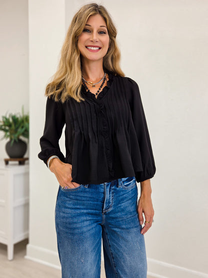 Black 3/4 Sleeve Ruffle Trim Pintuck Detail Blouse