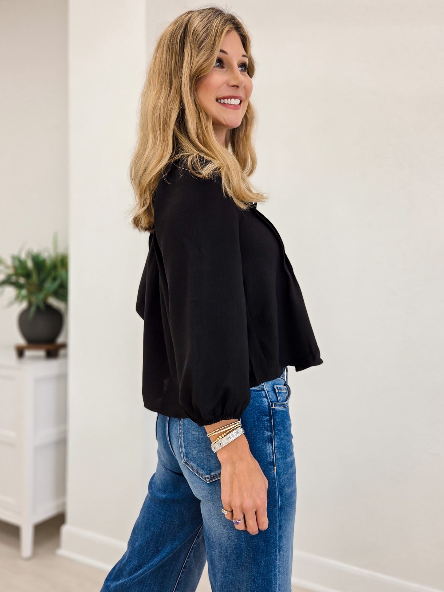 Black 3/4 Sleeve Ruffle Trim Pintuck Detail Blouse