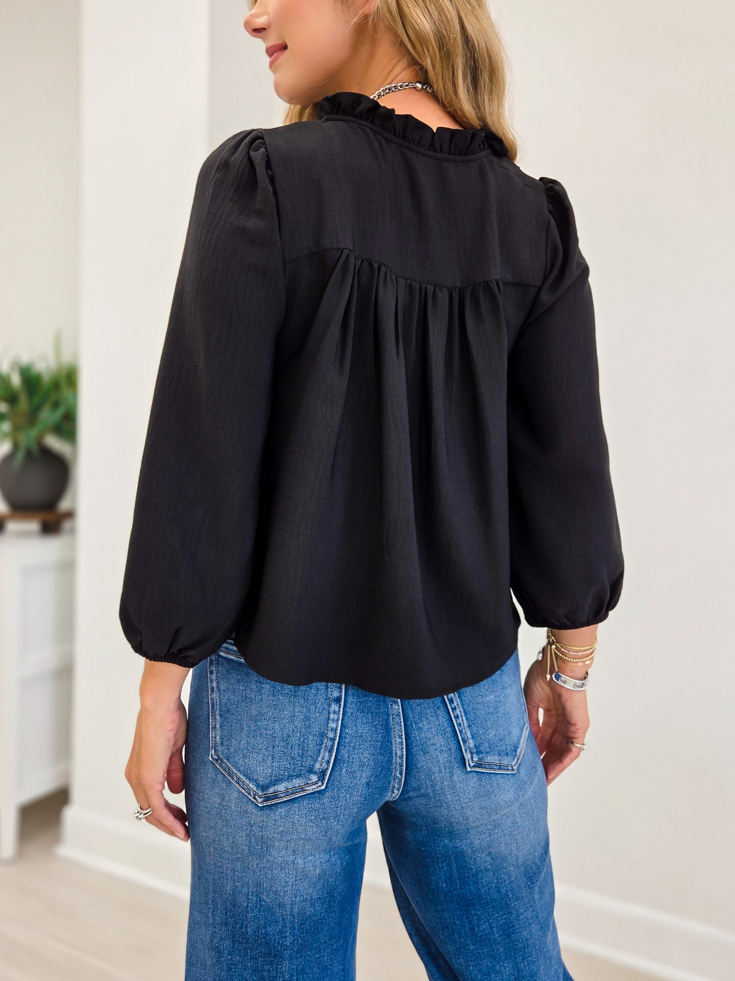Black 3/4 Sleeve Ruffle Trim Pintuck Detail Blouse