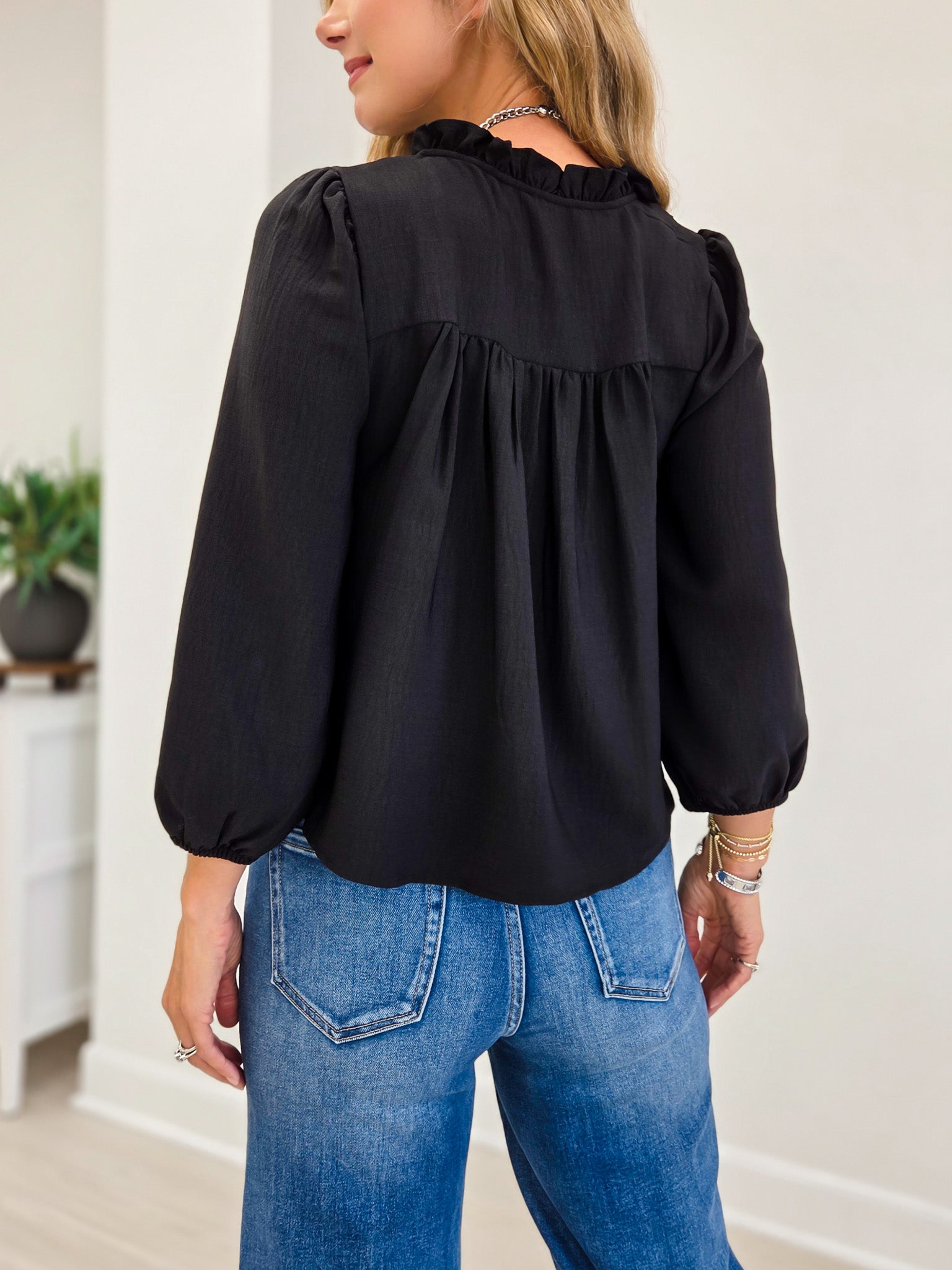 Black 3/4 Sleeve Ruffle Trim Pintuck Detail Blouse