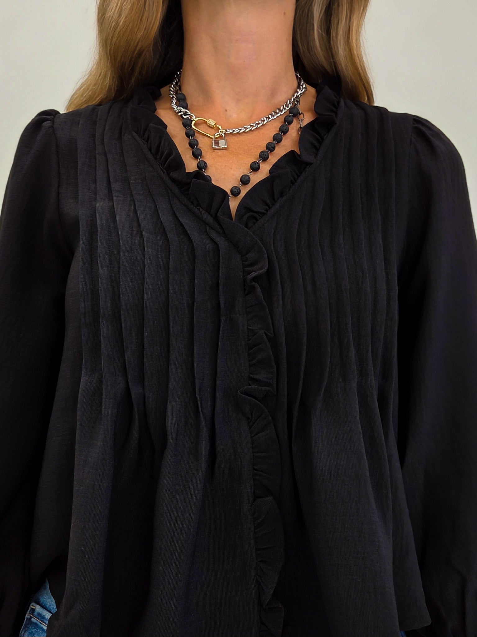 Black 3/4 Sleeve Ruffle Trim Pintuck Detail Blouse