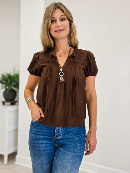 Brown Embroidered Yoke Lace Trim Pintuck Detail Top