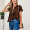 Brown Embroidered Yoke Lace Trim Pintuck Detail Top
