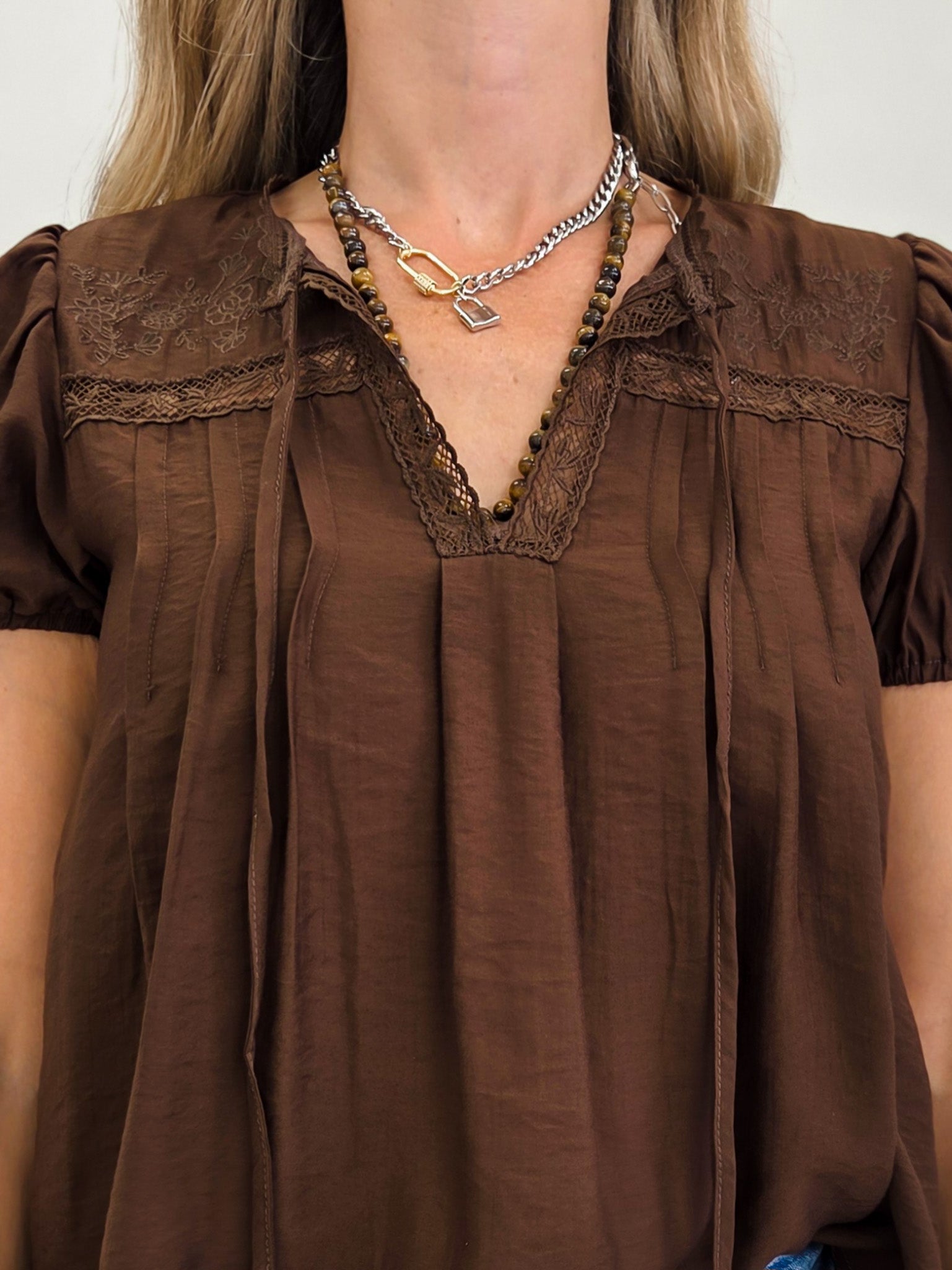 Brown Embroidered Yoke Lace Trim Pintuck Detail Top