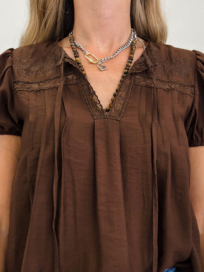 Brown Embroidered Yoke Lace Trim Pintuck Detail Top
