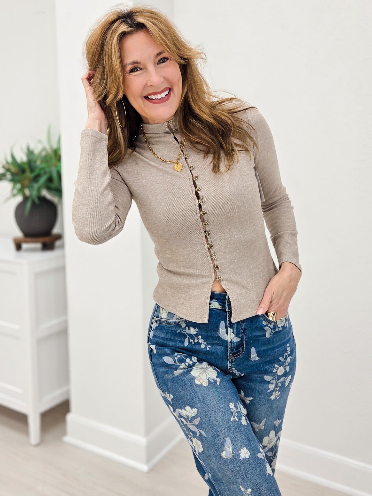 Taupe Button Front Mock Neck Long Sleeve Knit Top