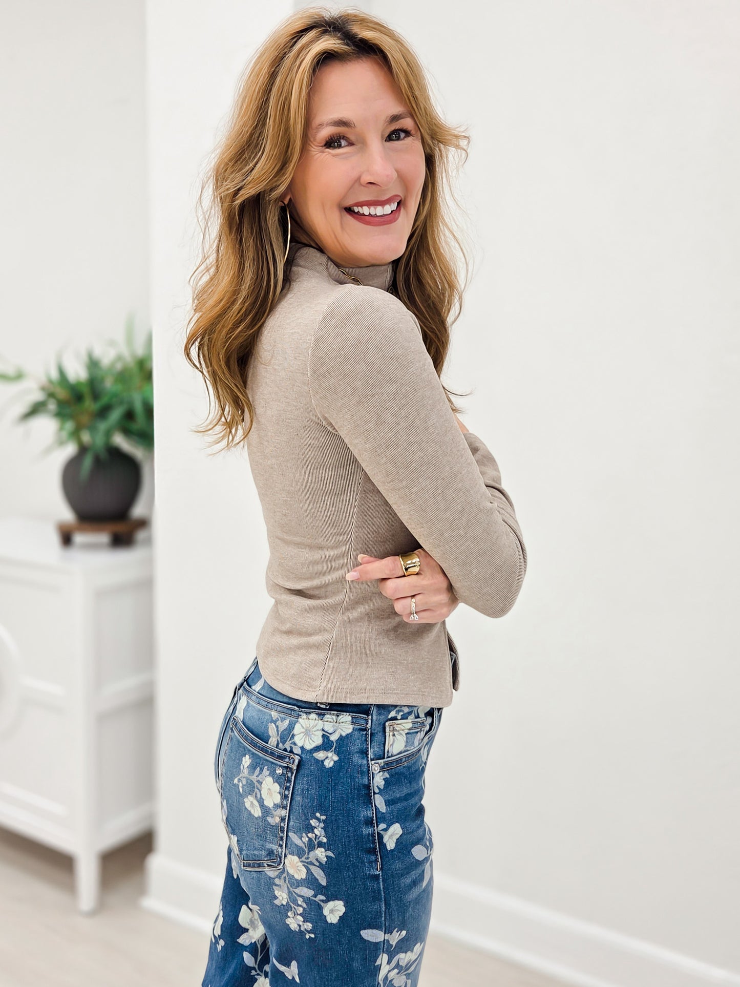 Taupe Button Front Mock Neck Long Sleeve Knit Top