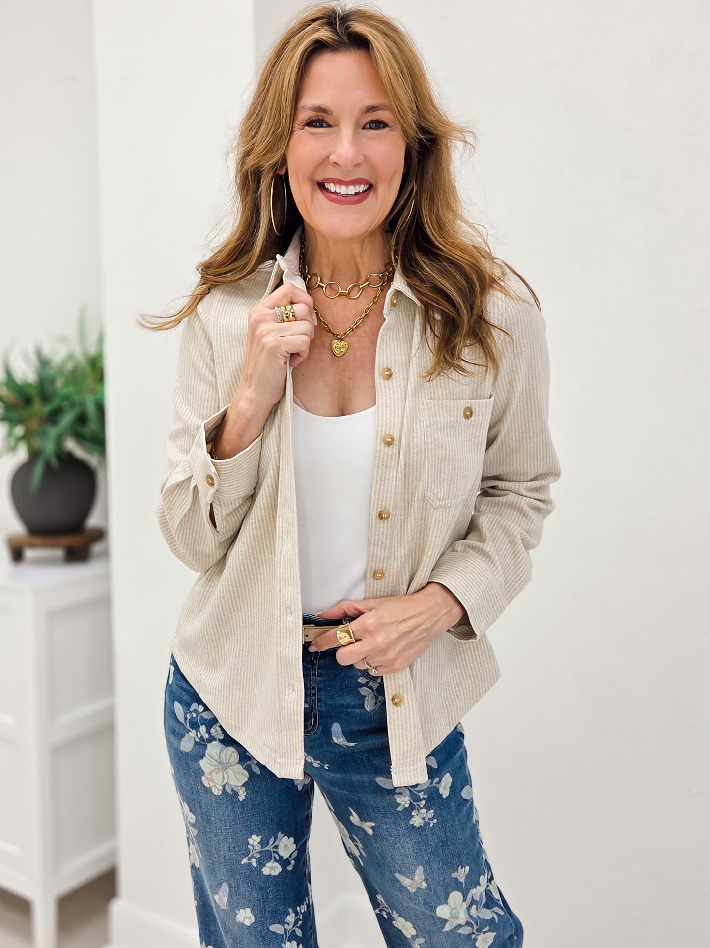 Oatmeal Stiped Collared Long Sleeve Button Down Shirt