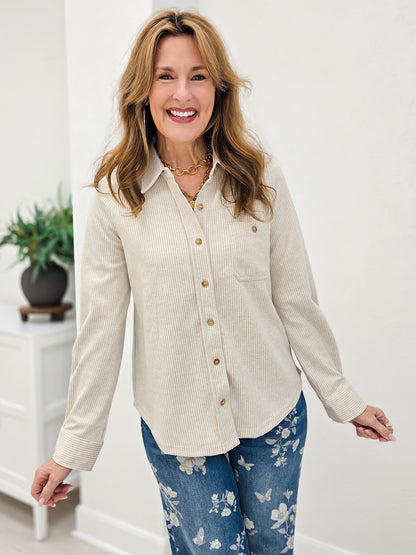 Oatmeal Stiped Collared Long Sleeve Button Down Shirt