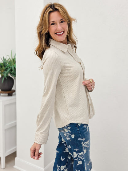 Oatmeal Stiped Collared Long Sleeve Button Down Shirt