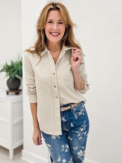 Oatmeal Stiped Collared Long Sleeve Button Down Shirt