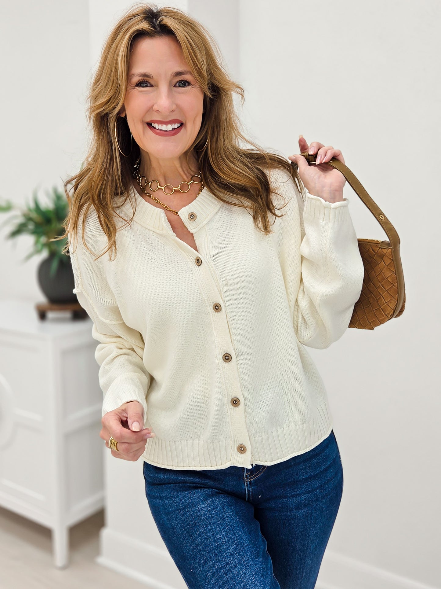 Ivory Raw Edge Exposed Seam Button Down Knit Cardigan
